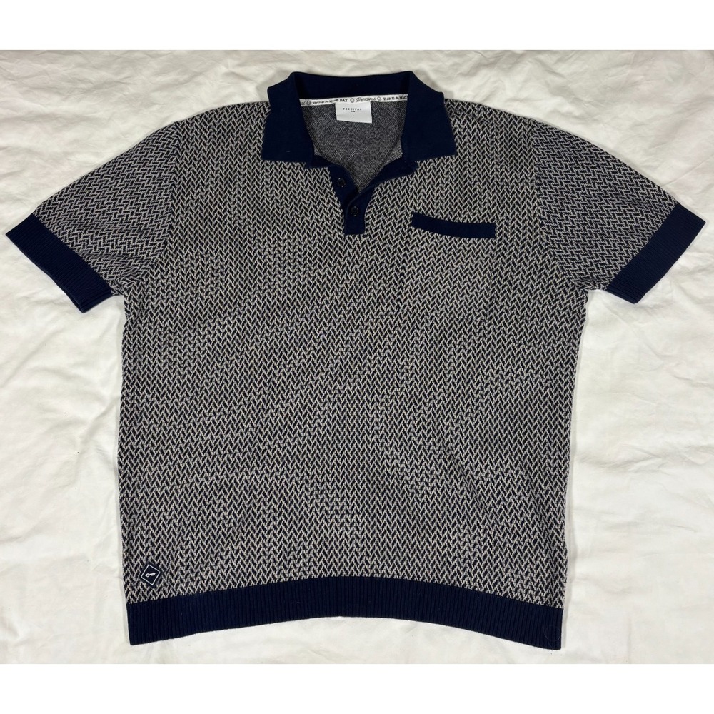 Percival Mens Casa Martini Knitted Polo Shirt Navy Blue Chevron Short Sleeve L